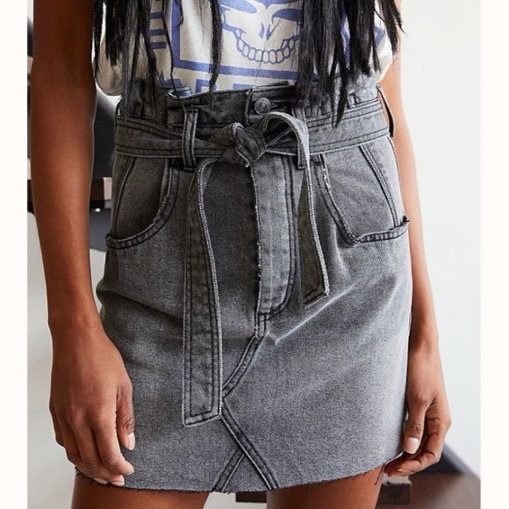 We The Free Washed Gray High-Waist Tie-Belt Mini Skirt
